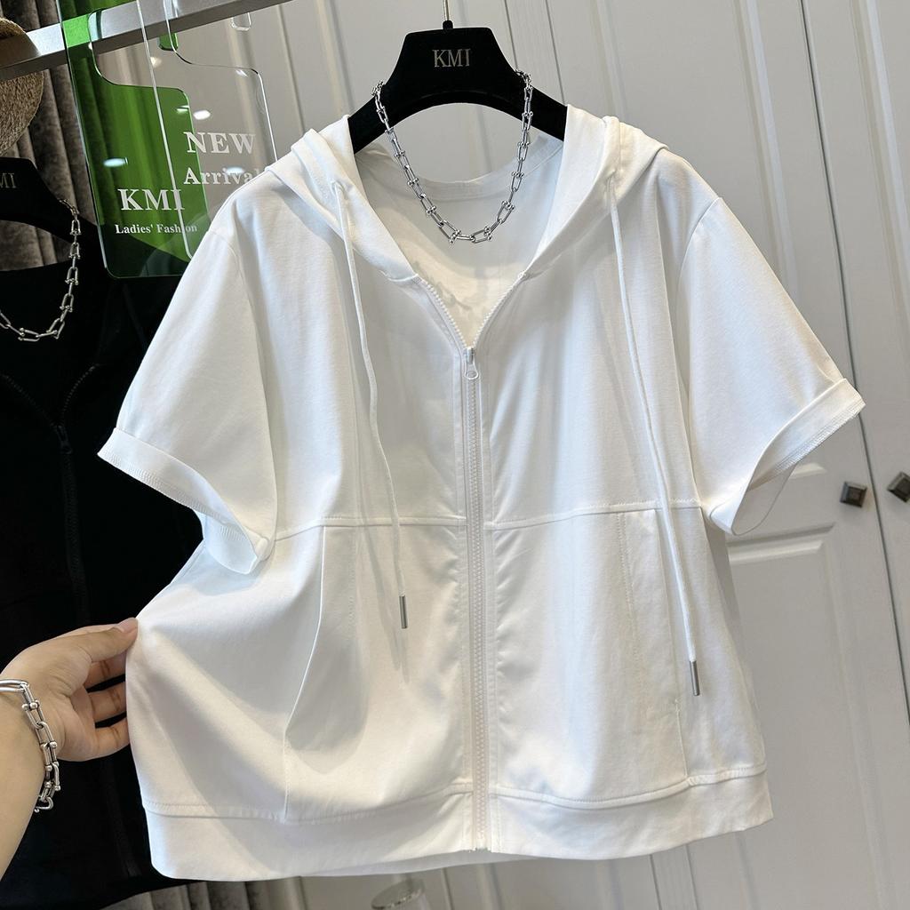 Large Size Solid Color Hooded Cotton Short-sleeved T-shirt Women's Loose Versatile Zipper Cardigan Jacket Pure White Loose Dropped Shoulder