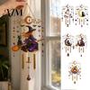 Bat Moon Themed Decor Halloween Stained Glass Style Wind Chime, Acrylic Suncatcher Hanging Ornament with Ghost Black Cat Raven Witch Festive