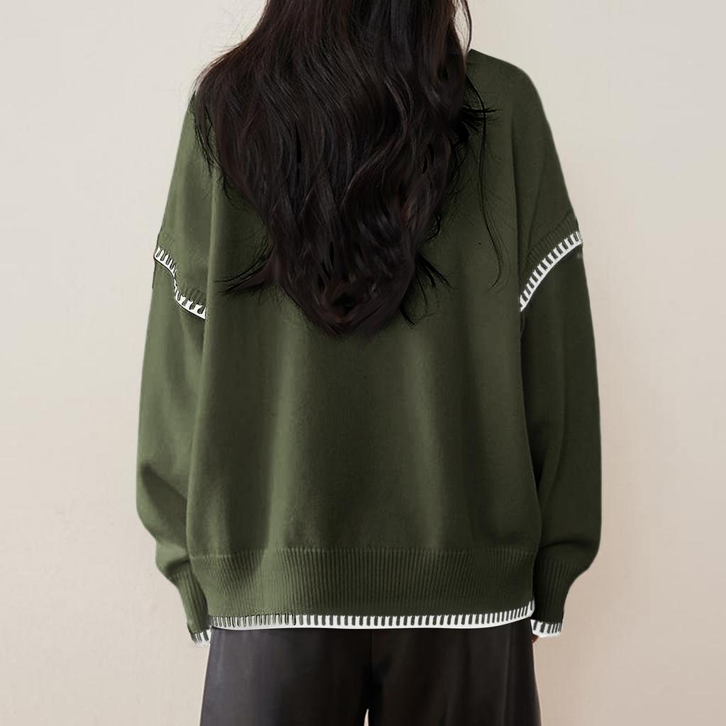 Women's Fashionable Casual Versatile Lazy Style Contrast Round Neck Pullover Long Sleeve Loose Knitted Sweater