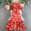 French holiday style beautiful fairy gas printing V-neck dress women's autumn and winter waist irregular elegant ruffle skirt