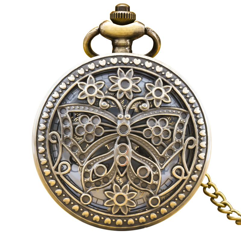 

Vintage Bronze Steampunk Butterfly And Flower Cutout Carved Quartz Pocket Watch Necklace Pendant Clock Chain Men Women ChainGift бронзовый