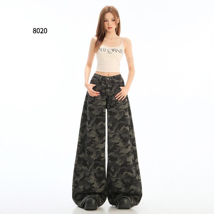 High street workwear wide-leg denim camouflage pants for women 026 new high-waisted slimming loose straight pants