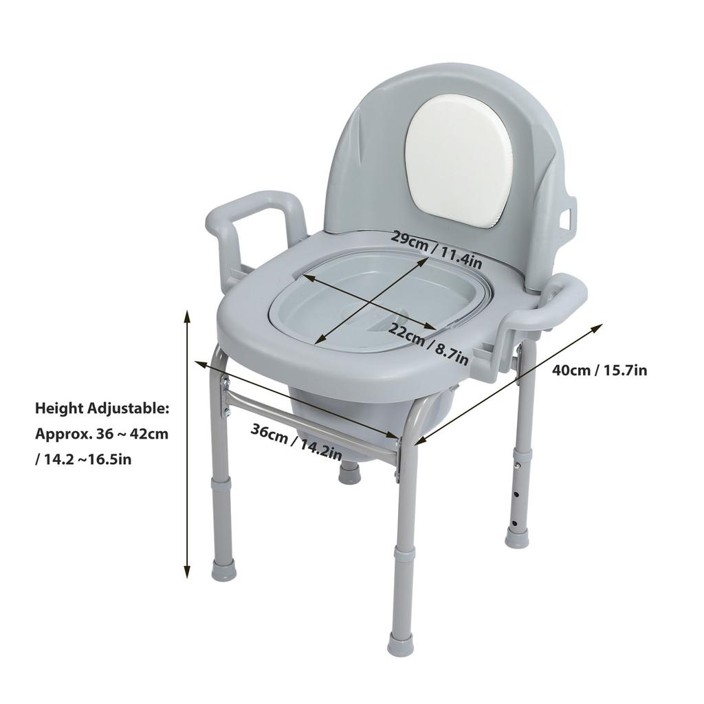 Portable Bedside Commode Chair 3 Adjustable Heights Mobile Toilet Seat with Solid Bucket Padded Backrest for Pregnant Elderly