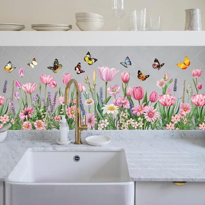 3 Piezas Calcomanías de Pared de Flores Acuarela Flor Silvestre Hierba Mariposas Pegatinas de Pared Pelar y Pegar Decoración de Arte de Pared para Dormitorio de Niñas Sala de Estar Hogar