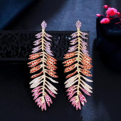 CMM Luxurious Multicolor AAA Zirconia Leaf Feather Long Drop Earrings