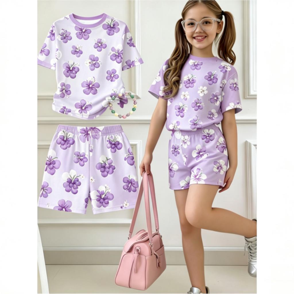 Girls 2‑Piece Summer Set Daisy Floral Print Short‑Sleeve Top and Elastic Waist Shorts Kids Casual Daily Clothing