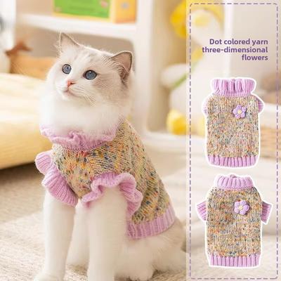 Autumn and Winter Cat Dot Yarn Small Flower Couple Sweater Dog Warm Knitted Sweater Flower Teddy Pet Clothes