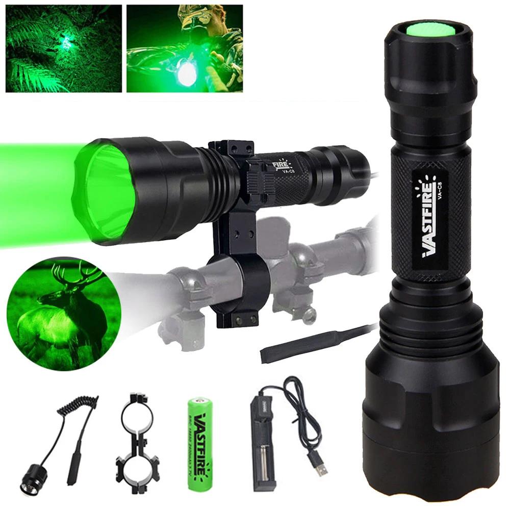 Taktische C8 Jagd-Taschenlampe Grün Rot 1-Modus Predator Hand-Taschenlampe für Kojote Wildschwein Raubzeug+Clip+Heckschalter+18650+Ladegerät