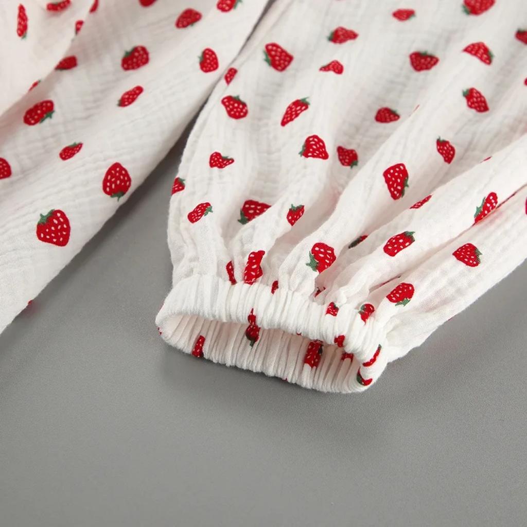 LYRIA New Strawberry Print V Neck Lantern Sleeve Dress Fashion Dress Women