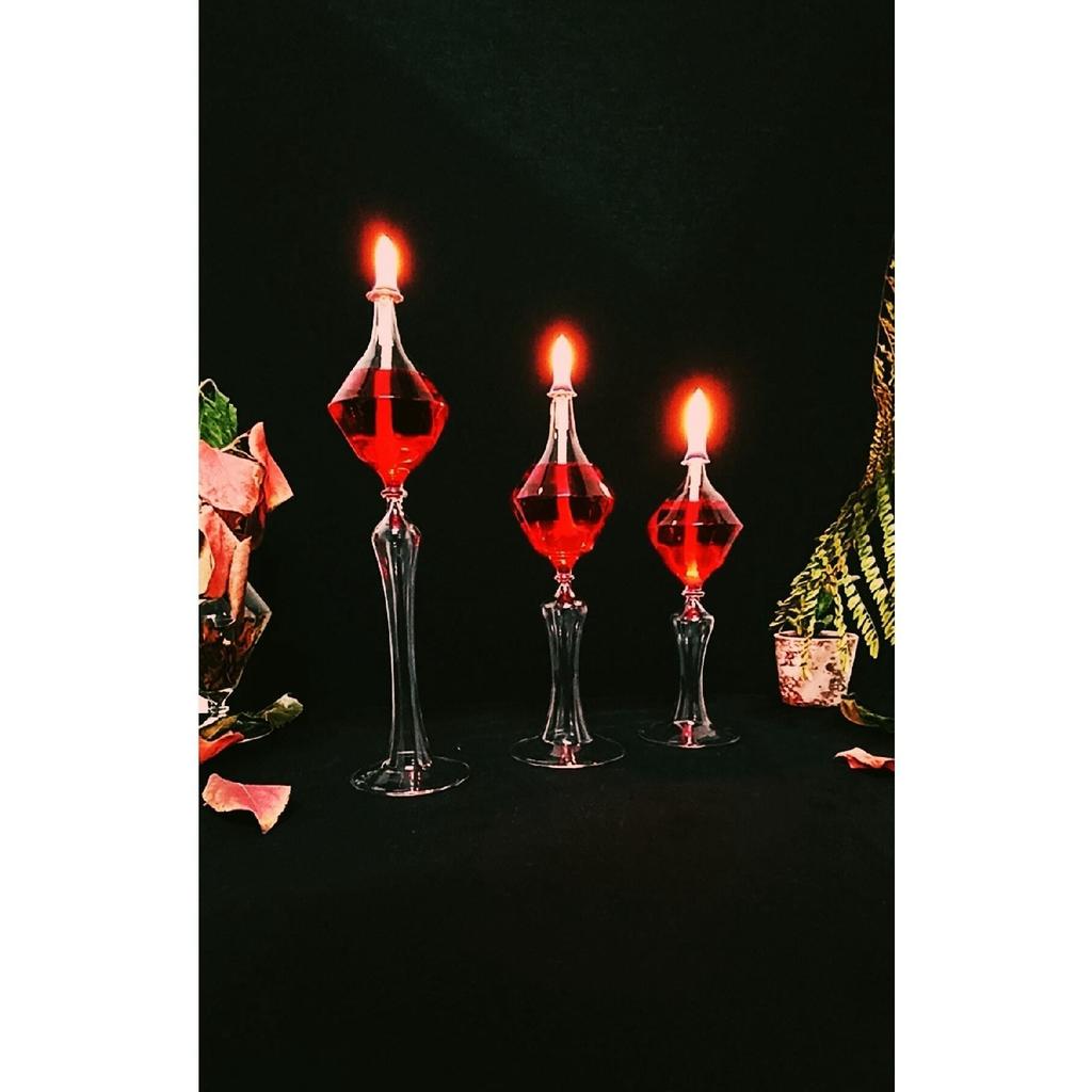 Footed Diamond Glass Lamp Set Of 3 Oil Lamp