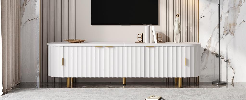TV Lowboard Made of MDF with 5 Doors, Fluted Front, Rounded Sides, Iron Feet and Iron Handles