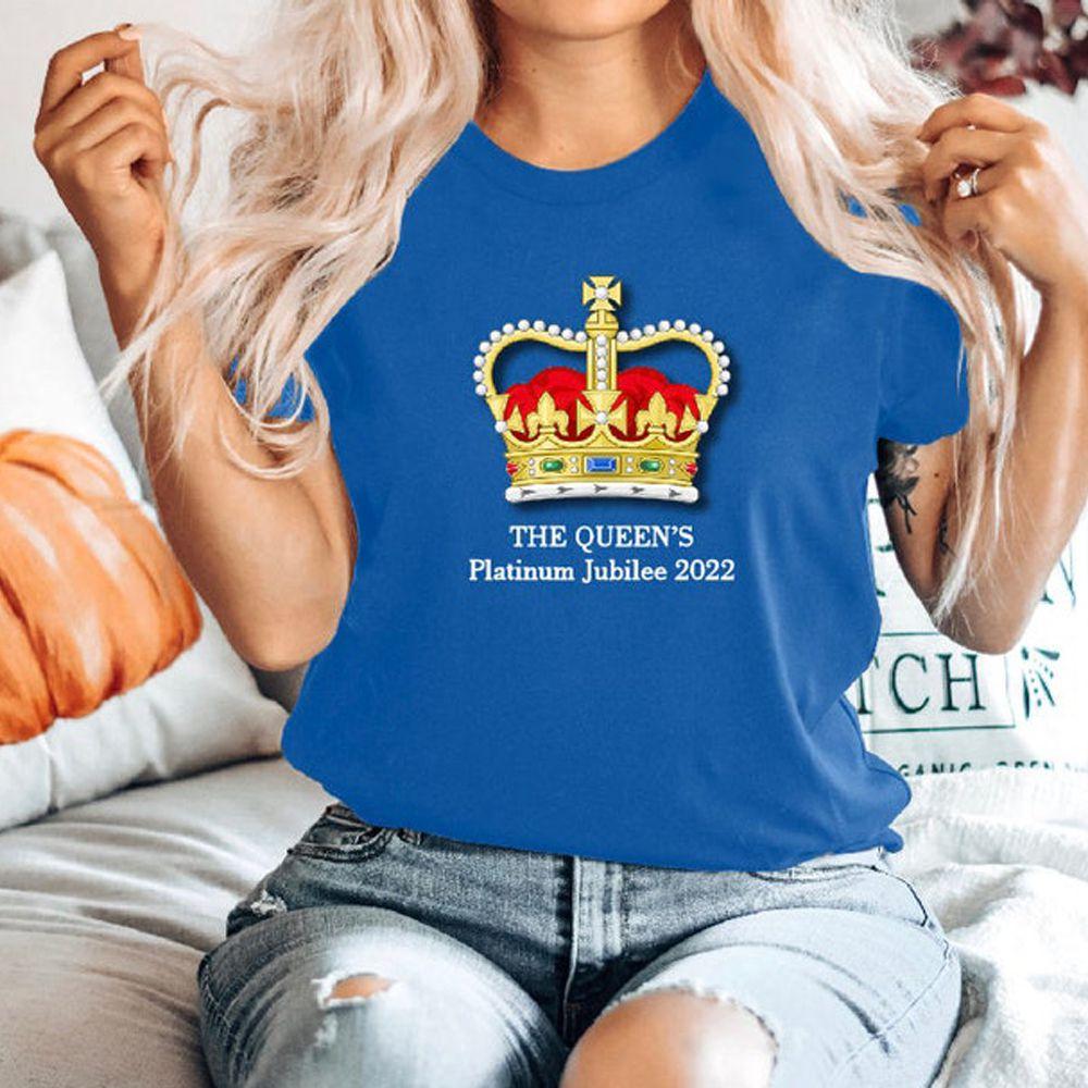 

Stylish Queen s Platinum Jubilee Celebration T-shirt With Union Jack And Crown Print Blue,XL