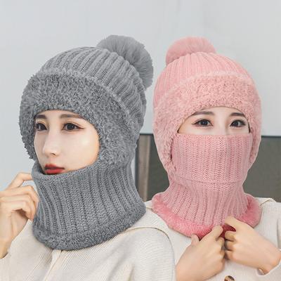 High Stretch Solid Color Knitted Scarf Mask All-In-One Cap Women's Winter Cycling Windproof Warm All-In-One Cap