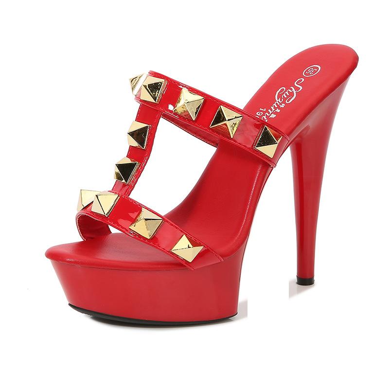 13/15CM High Heels Slippers Women Platform Sandals Rome Style Metal Rivet Chunk Heels Sexy T-band Summer Hollow Out Models Shoe