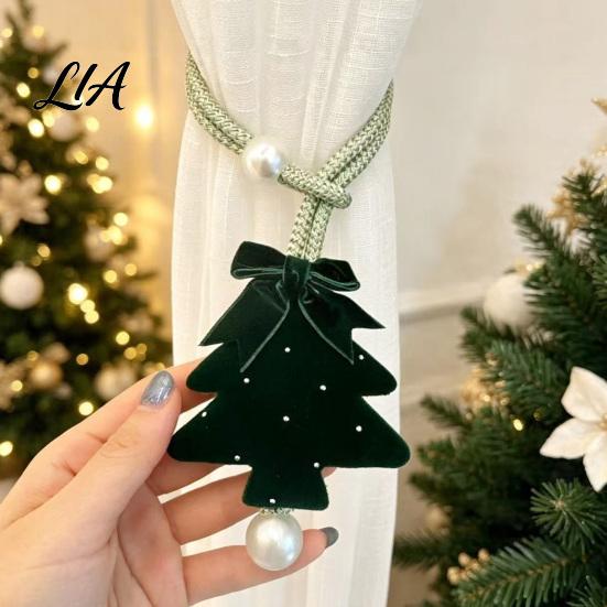 Reusable Christmas Decorations Tree Curtain Tieback, Green Velvet Holder with Bow And Festive Door Handle Pendants Faux Pearl, Decorative Drape
