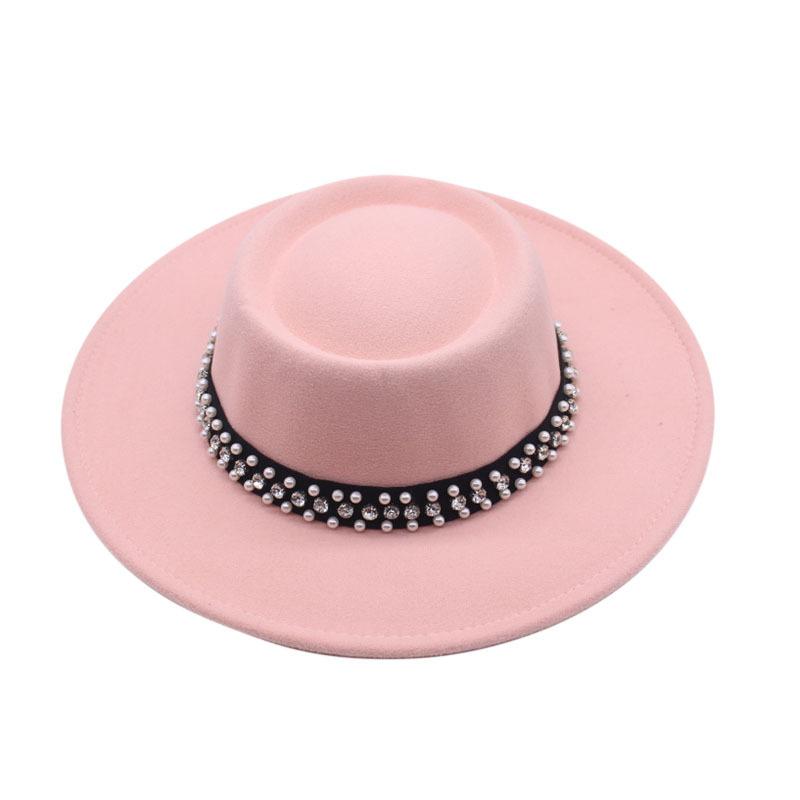 European and American New Autumn and Winter Wool Woolen Big-brimmed Jazz Hat Female Concave Top Black Top Hat Pearl Rhinestone Felt Hat