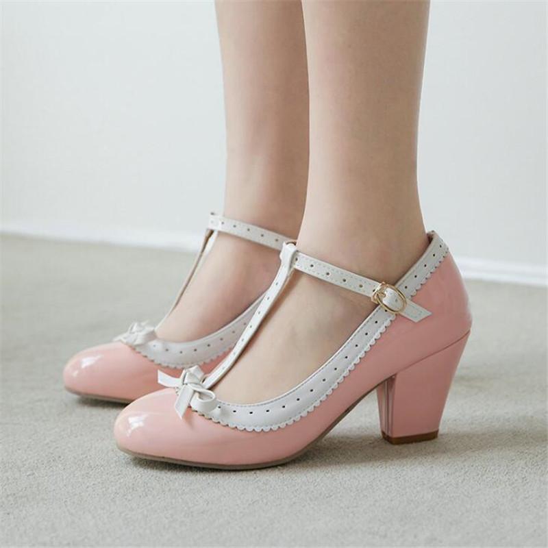 Girls' Shoes Women Mary Jane Shoes Lolita High Heels Bow T-Strap Wedding Pumps Thick Heels Shoes Bridal Princess Footwear 32-43