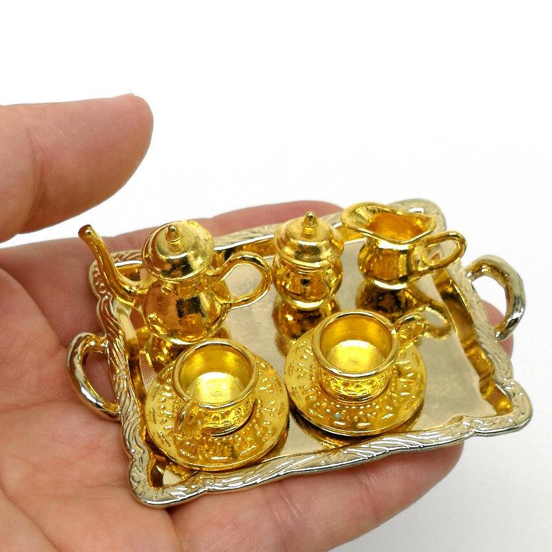10Pcs/set Doll House Miniature Metal Tea Doll House Furniture Miniature Dining Ware Toy Teapot Cup Plate