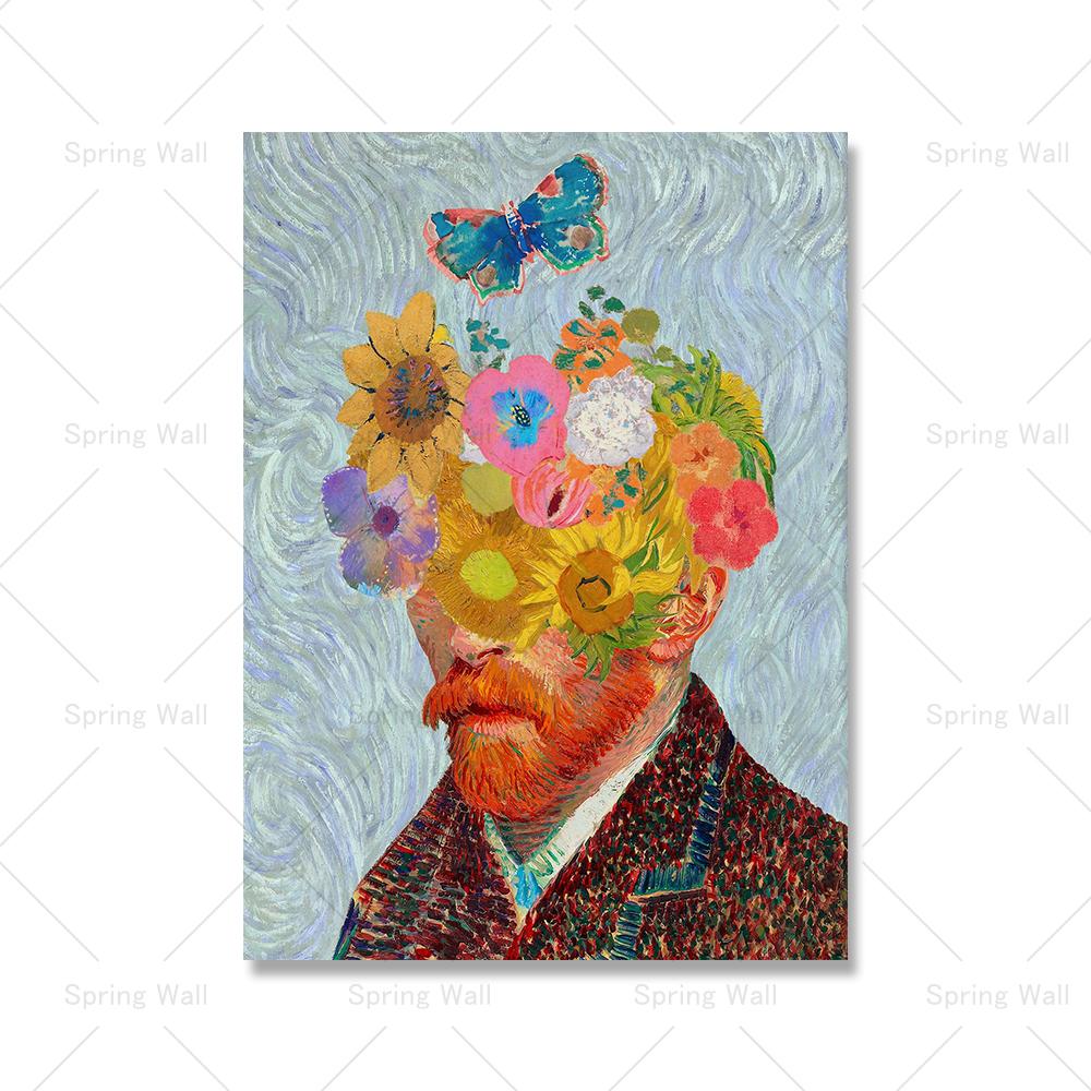 

Фигура Ван Гога, живопись, автопортрет, абстрактная картина на холсте, бабочка, цветок, принты плакатов, синяя настенная художественная картина, декор комнаты 21x30cm No Framed