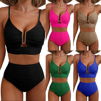 Damski strój kąpielowy jednolity kolor U-kształtny na ramiączkach z wysokim stanem dzielony strój kąpielowy zestaw bikini odzież plażowa kostiumy kąpielowe