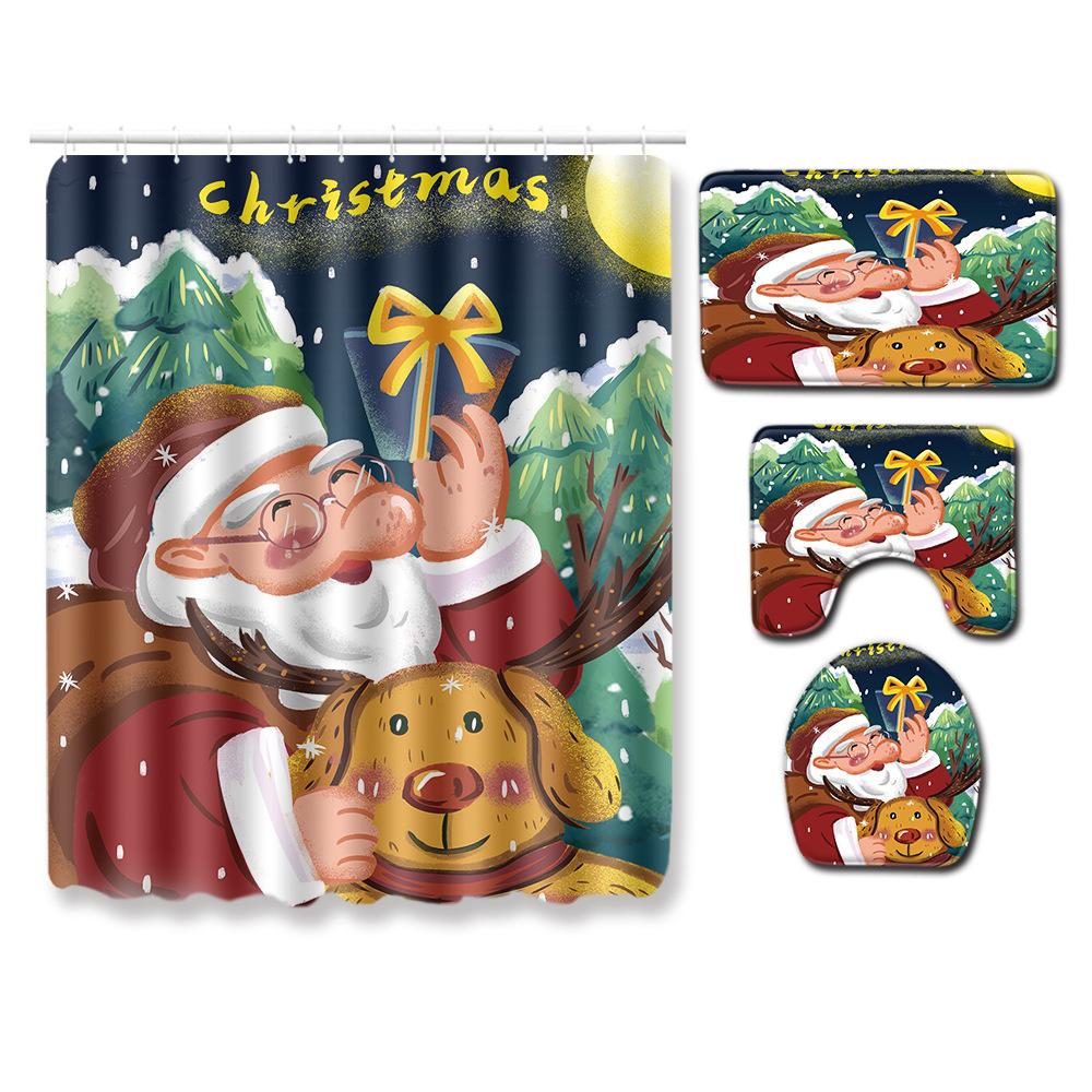 Christmas Toilet Seat Shower Curtain Four-Piece Printed Floor Mat Set Bathroom Floor Mat Bedroom Absorbent Door Mat Carpet