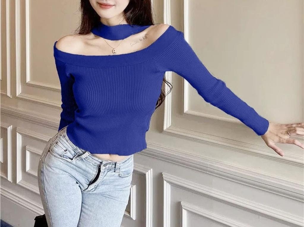 Plus Image Long Sleeve Strap Shoulder Knit Size F Women's Top, Blue,