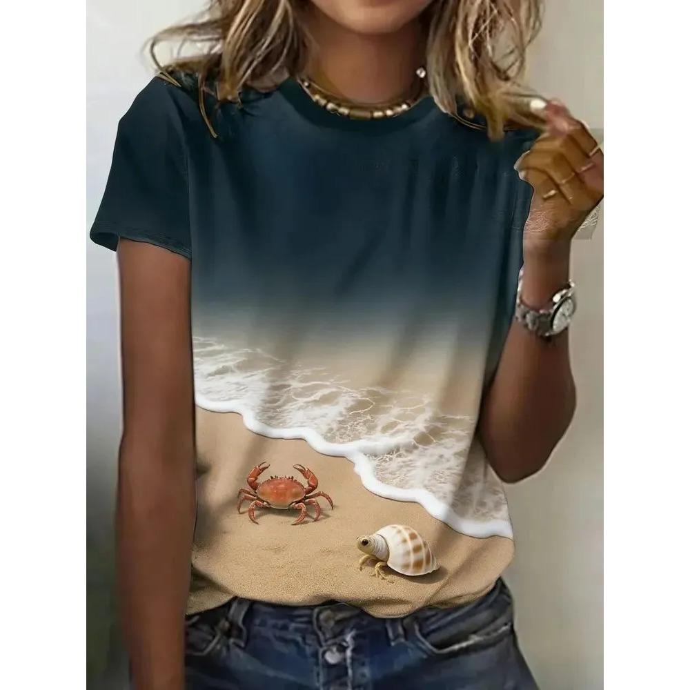 Ocean Theme 3D Printed Short Sleeved T-shirt Fashionable Comfortable Soft Breathable Large Loose Summer Womens T-shirt