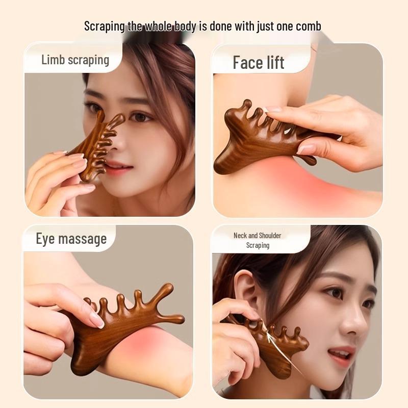4-in-1 Sandelholz Kopfhautmassagegerät & Gua Sha Kamm mit Meridiantherapie
