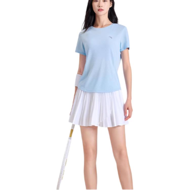 Anta Training Series Sports Casual Simple Solid Color Round Neck Pullover Short Sleeve T-Shirt Women T-Shirts Cool-Blue 962527112-4