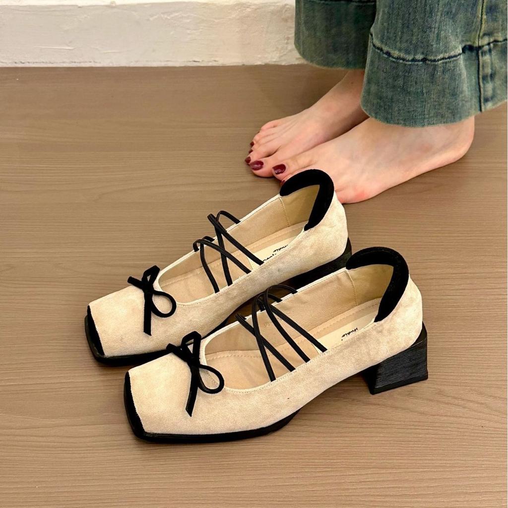Suding Family, Medieval School, Korean Version of Retro Suede Bow Mary Jane Shoes Women's Spring Versatile Thick Heel Single Shoes