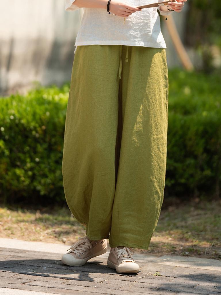 Johnature Vintage Women Bloomers Pants Solid Color Autumn Loose Trousers Elastic Waist Soft Female Ankle-length Pants