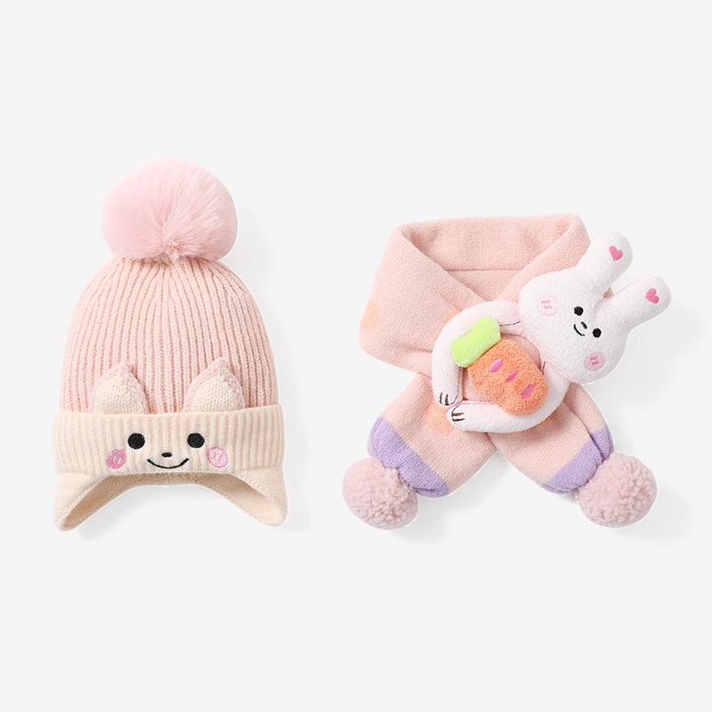 Cheap Children Scarf Hat Warm Little Girls Baby Hat Ear Flop Knitted Beanie Winter Kids Hat Scarf Set One Size розовый