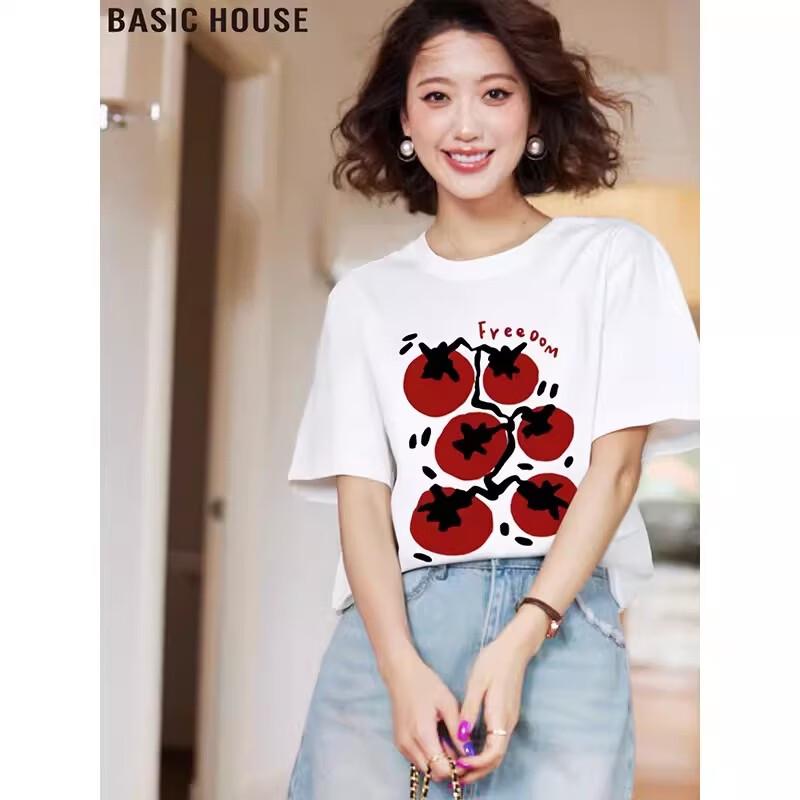 Basic House Women s Loose-Fit Printed Cotton T-Shirt L
