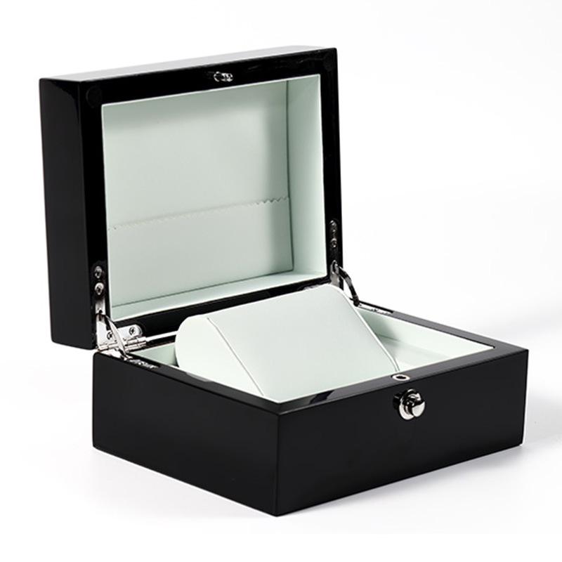 Black Piano Lacquer Round Wooden Watch Box with Lock and Flip Cover