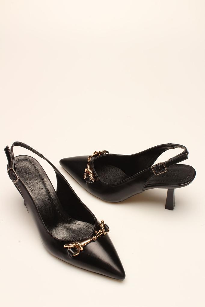 Damenmode, klassische High Heels, schwarze Metallic-Schnallenabsätze