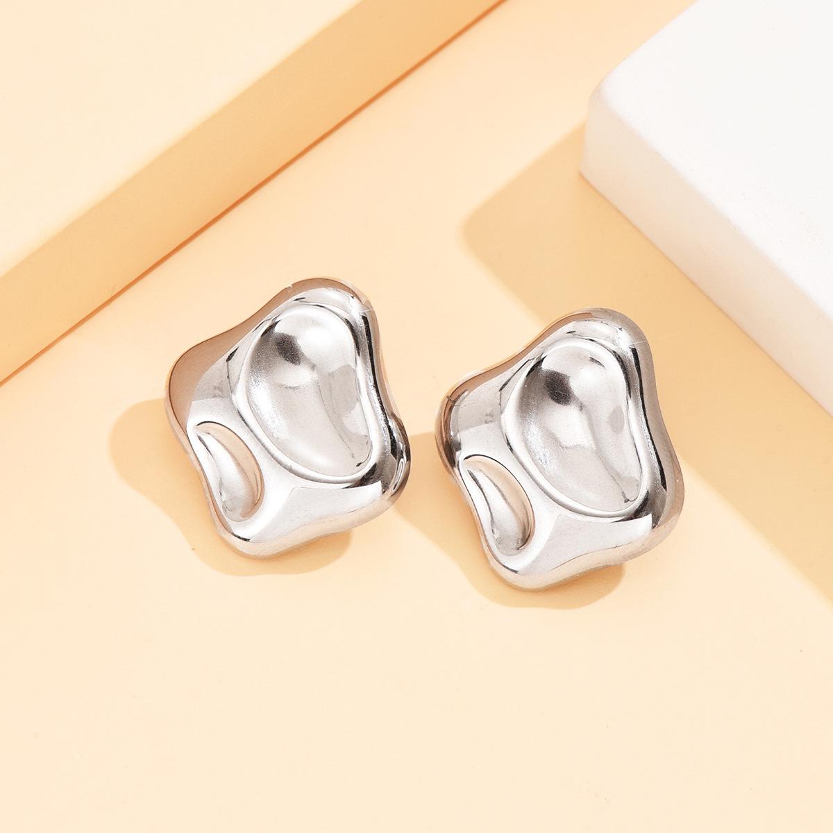 Baroque Geometric Square Stainless Steel Earrings: Metallic Irregular Cube Studs
