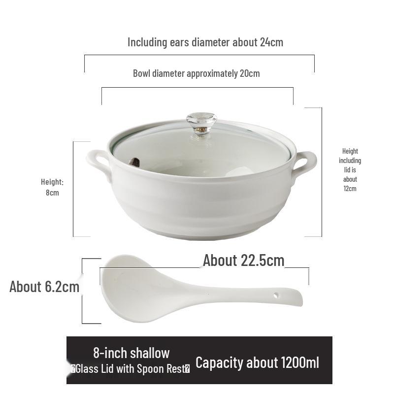 Double Ear Ceramic Soup Bowl Set with Lid - Microwave Safe, Includes Large Spoon and Tureen, Pure White, Creative Design (8 Bowls)
