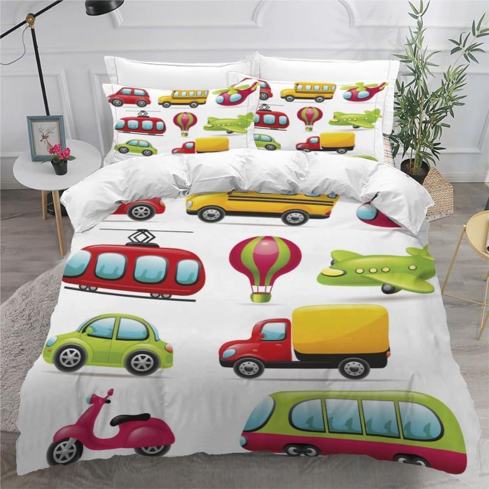 3D printed high-quality cartoon car duvet cover set, children's and adult bed cover set, 3-piece set with zipper car microfiber