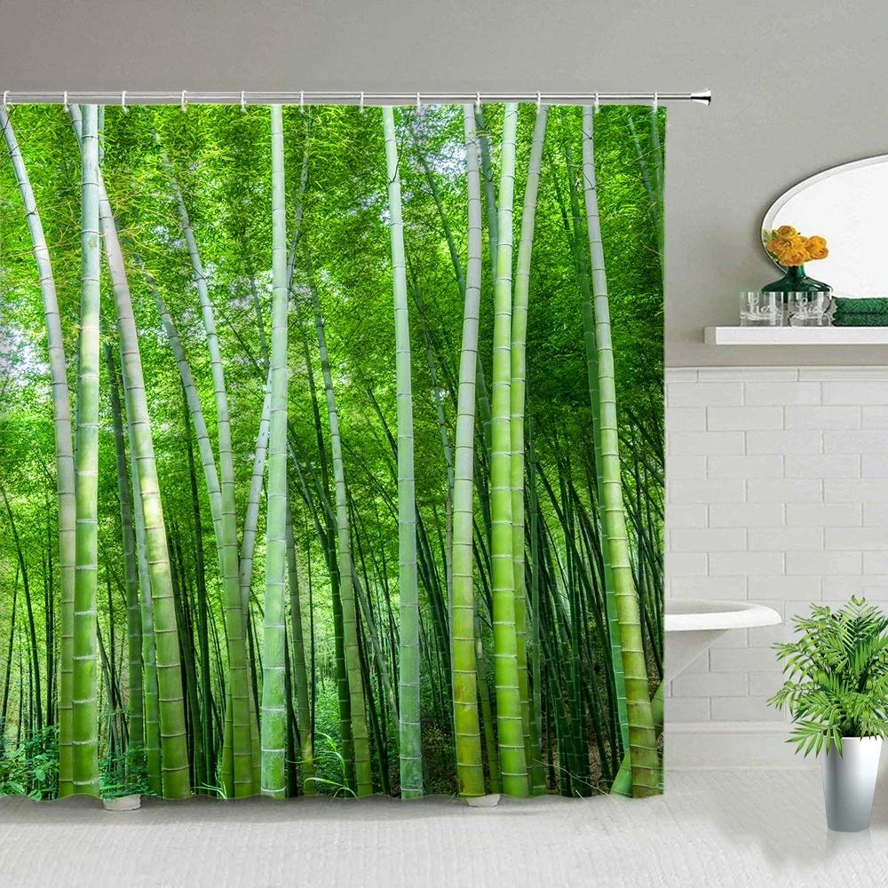 Chinese Style Green Bamboo Series Shower Curtain Set Waterproof Home Bathroom Decor Curtains With Hook Popular Bath Accessories