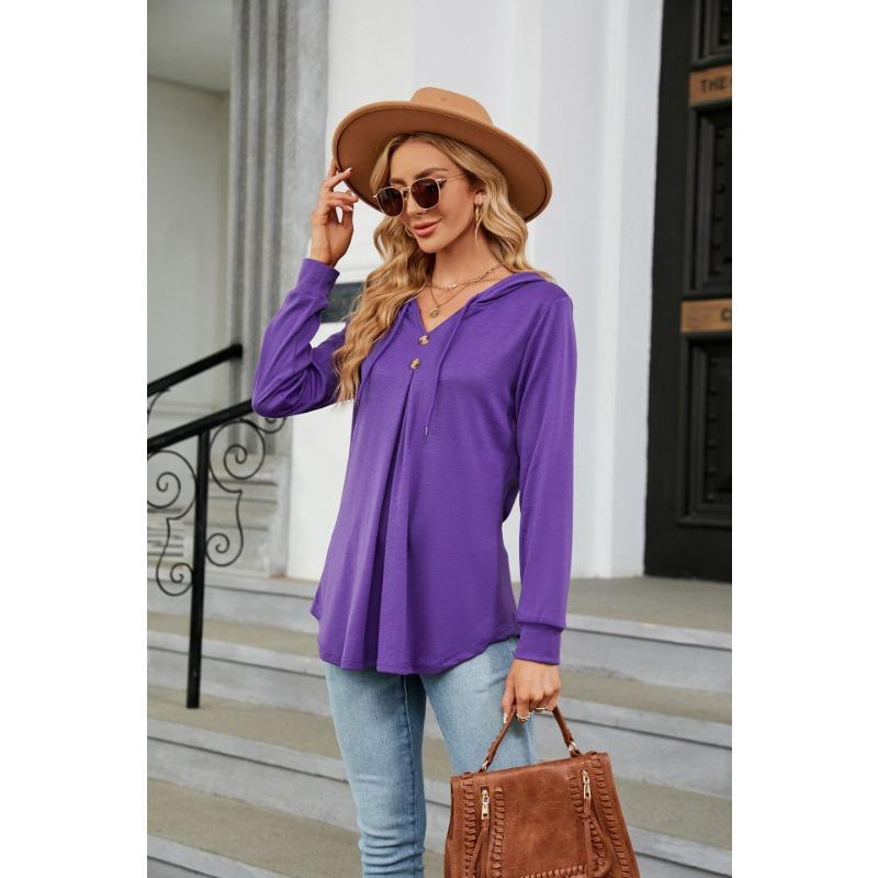 Frühling und Herbst Damen Bluse Einfarbig V-Ausschnitt Knopf Kapuze Lose Langarm Sweatshirt