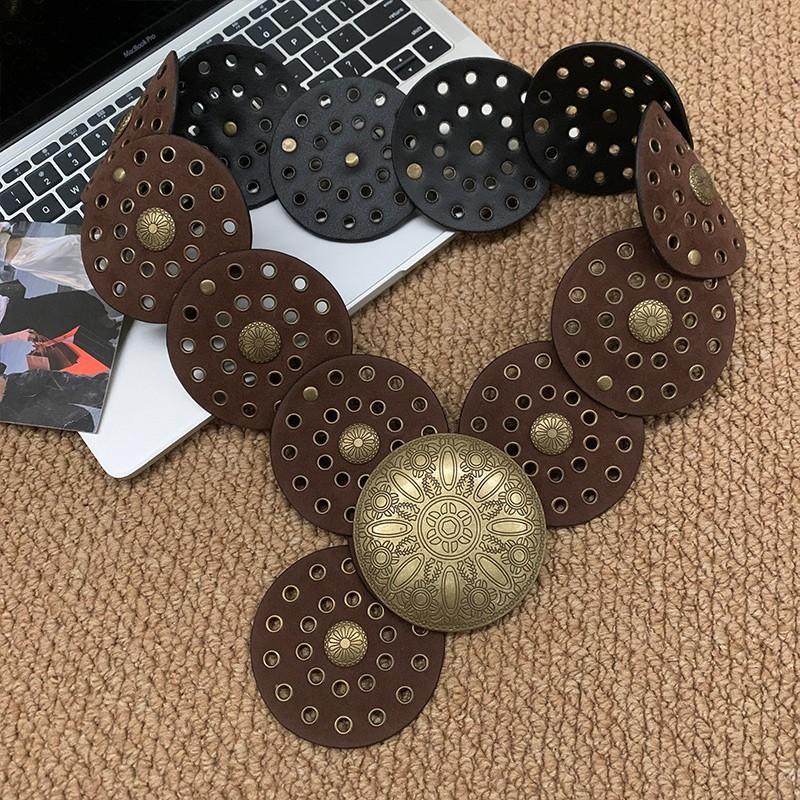 Vintage Western Rivet Belt Female Ethnic Bohemian Belt with Skirt Pants Belt Waist Seal Accessories Brown