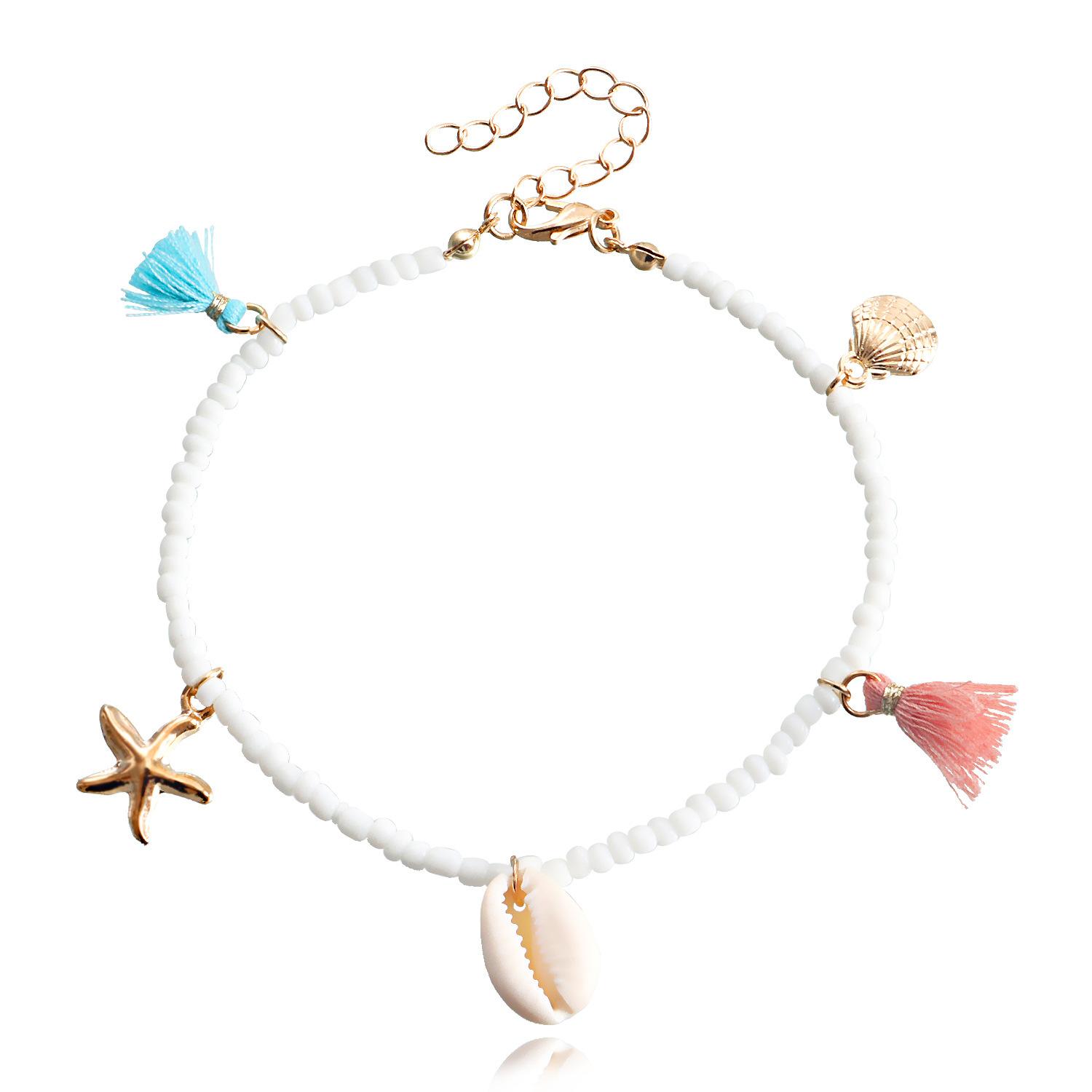 

European and American jewelry, bohemian colored rice beads fringed anklets for women, beach shells, starfish feet, niche