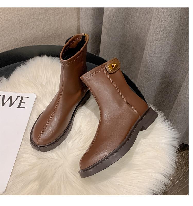 

Женские весенние сапоги, однотонные черные/коричневые кожаные ботинки на низком каблуке и платформе, женские туфли-ботинки с застежкой-молнией сзади, модные челси 5 коричневый