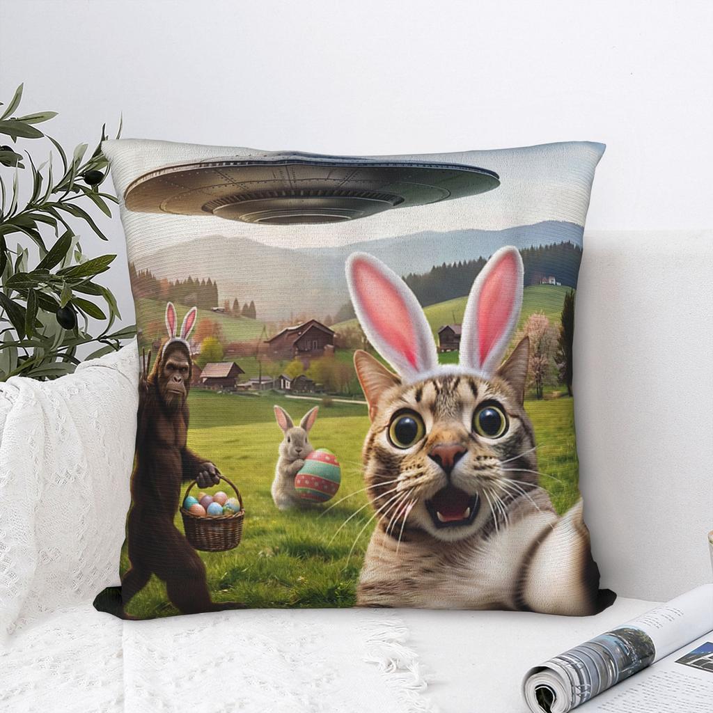 Pillow Case Funny Cat Selfie with Easter Bunny Bigfoot UFO Custom Pillow Cover For Sofa Home Decoration Novelty Pillowcases