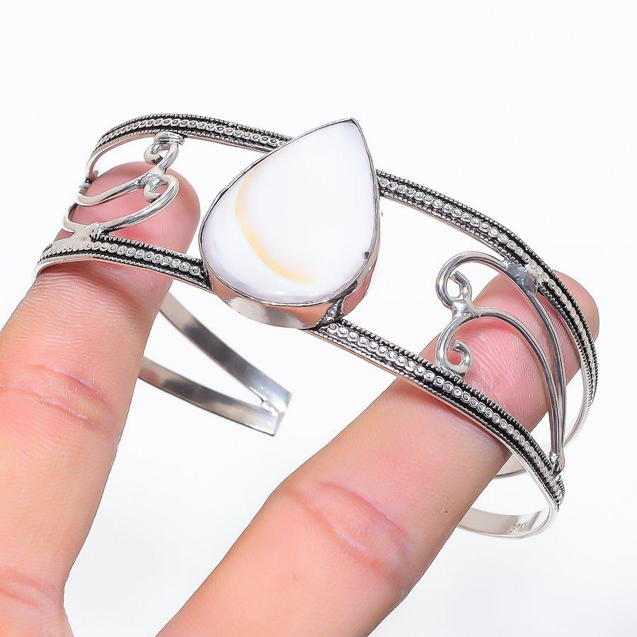 

Natural Mother Of Pearl Gemstone 925 Sterling Silver Cuff Bangle Adjustable F9N45