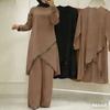 Women Solid Long Sleeve Irregular Tunic Wide Leg Pants Two Piece Set Shiny Trim Modest Muslim Outfit Middle East Southeast Asia Spring Casual Suit