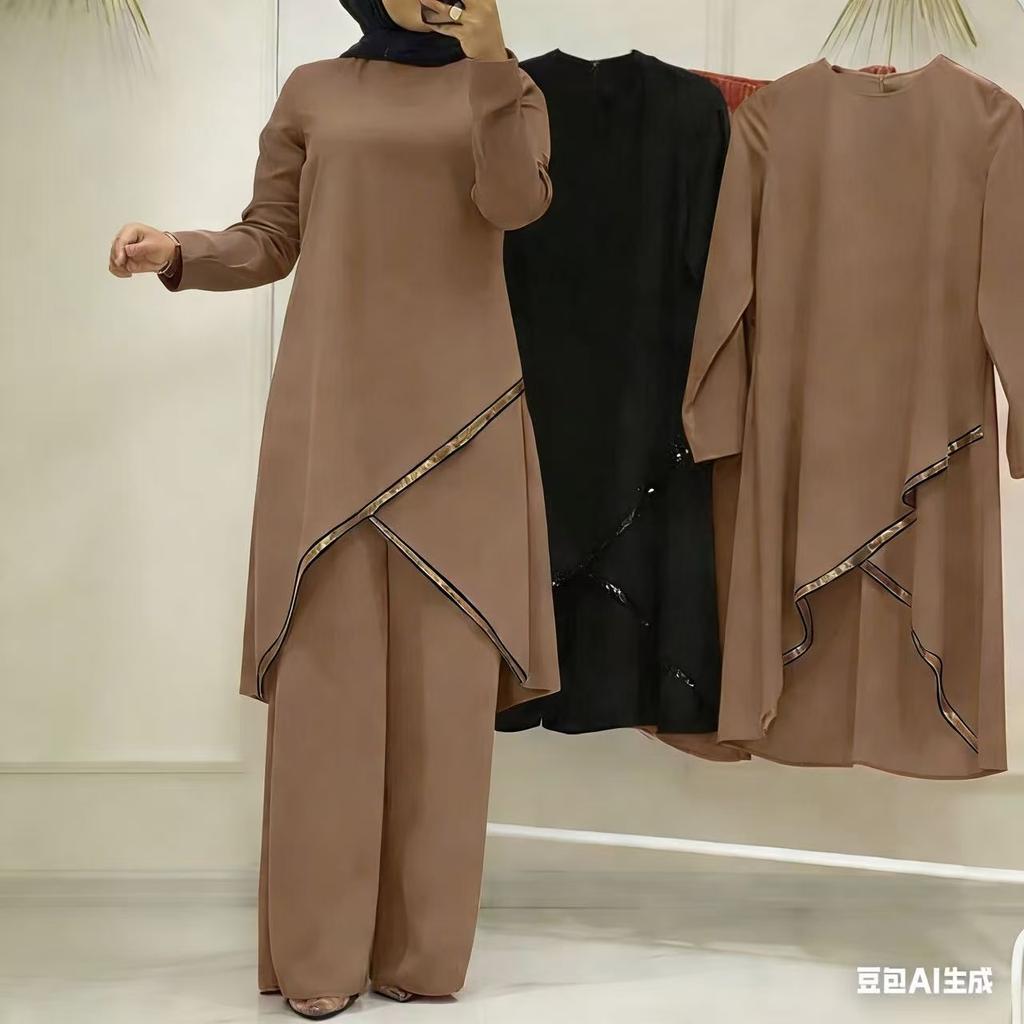 Women Solid Long Sleeve Irregular Tunic Wide Leg Pants Two Piece Set Shiny Trim Modest Muslim Outfit Middle East Southeast Asia Spring Casual Suit