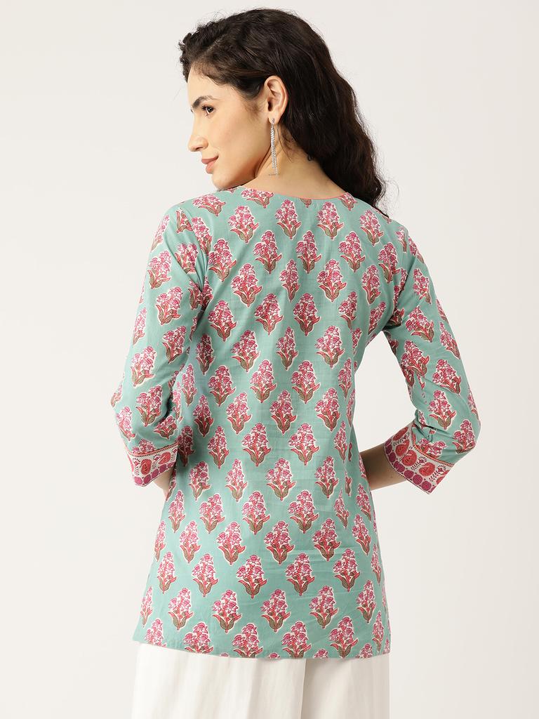 Sea Green Printed Sequinned Pure Cotton Kurti