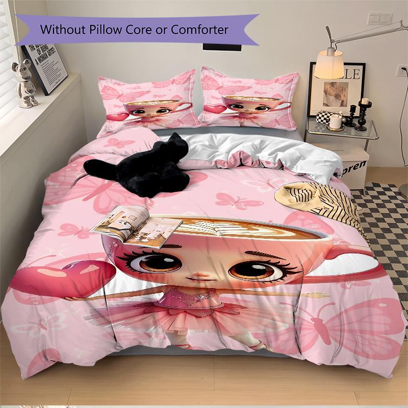 3pcs Pink Butterfly Latte Art Heart Home Decor Bedding Set-Universal Three-Piece Suit for Bedroom, Guest Room, Living Room, Hotel-Perfect Gi