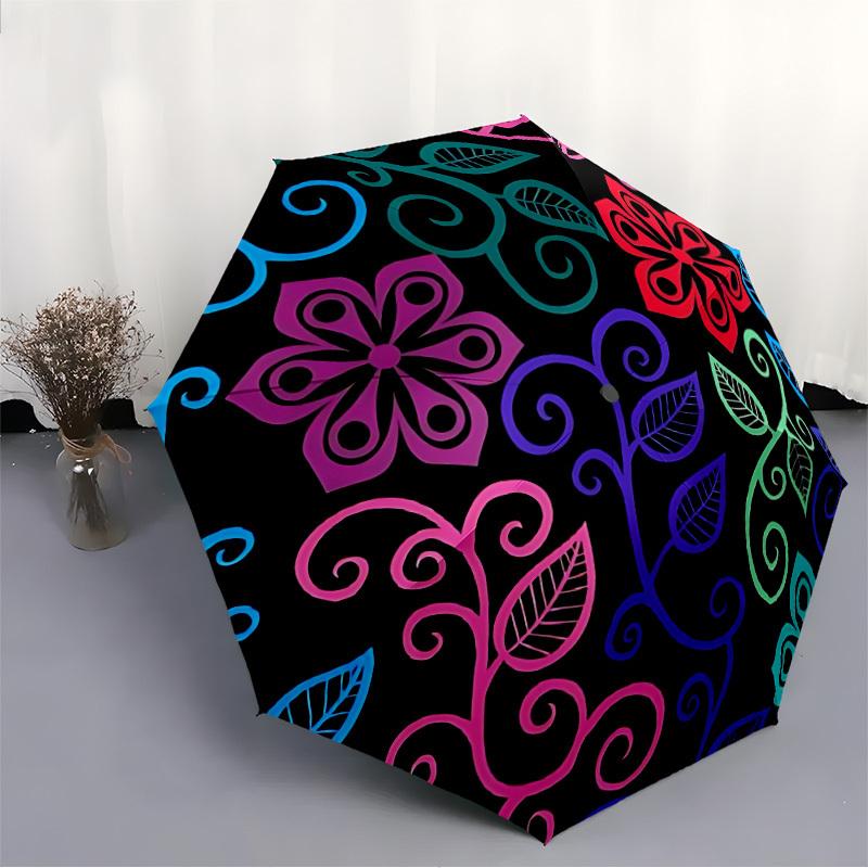 1pc Floral Pattern Automatic Umbrella - Stylish, Durable, with 8-Rib Manual Open Design, Elegant Black Handleyy250920152